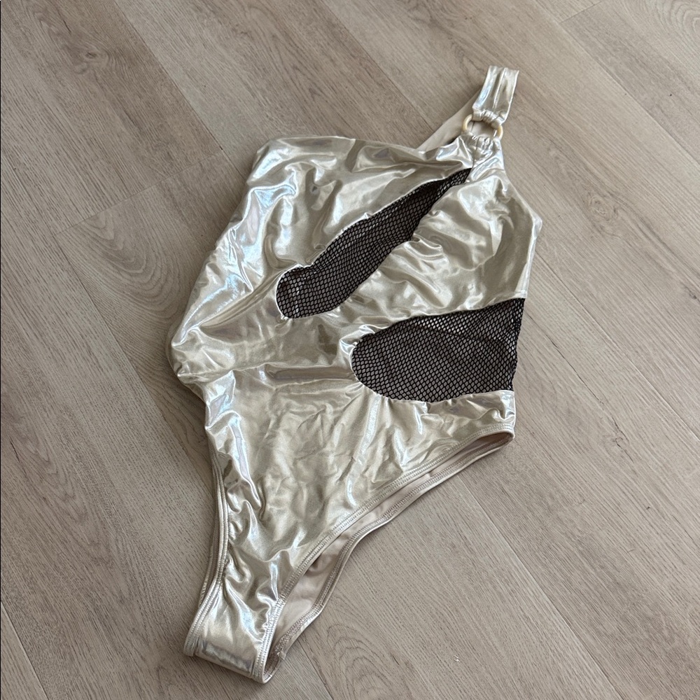 Salty Mermaid Metallic One-Shoulder Cutout Swimsuit - Champagne